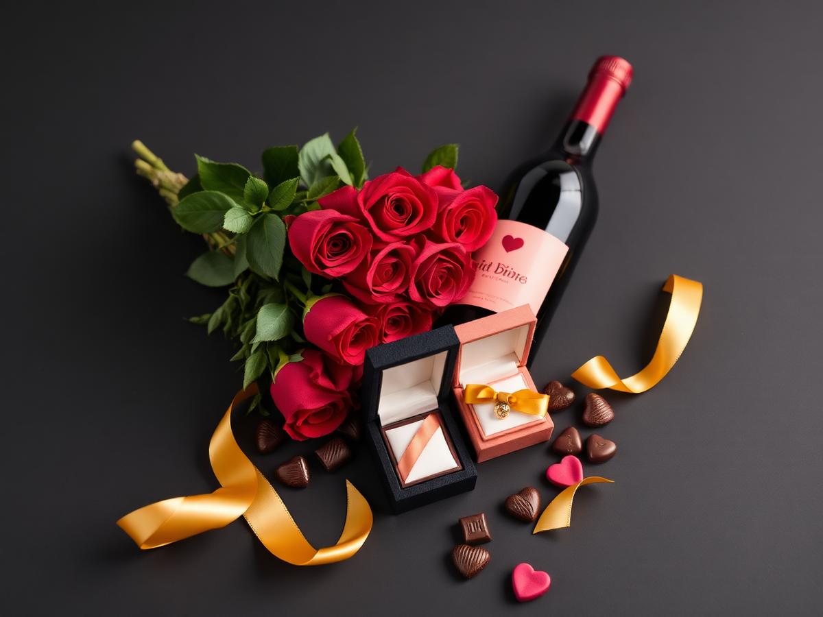 Kit romântico com flores, chocolates, vinho e joia